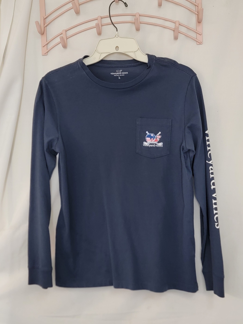 Vineyard Vines Boys Long-Sleeve Pocket Tee in Navy with Whale Graphic
